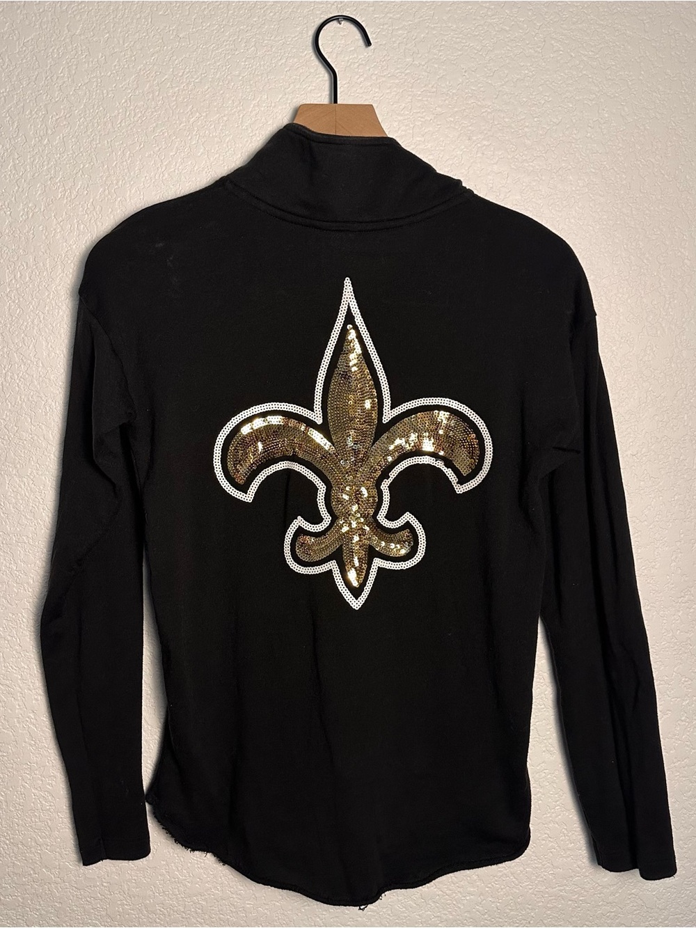 Woman’s Victoria Secret PINK Black Sequin SAINTS Long Sleeve Top - Picture 6 of 11